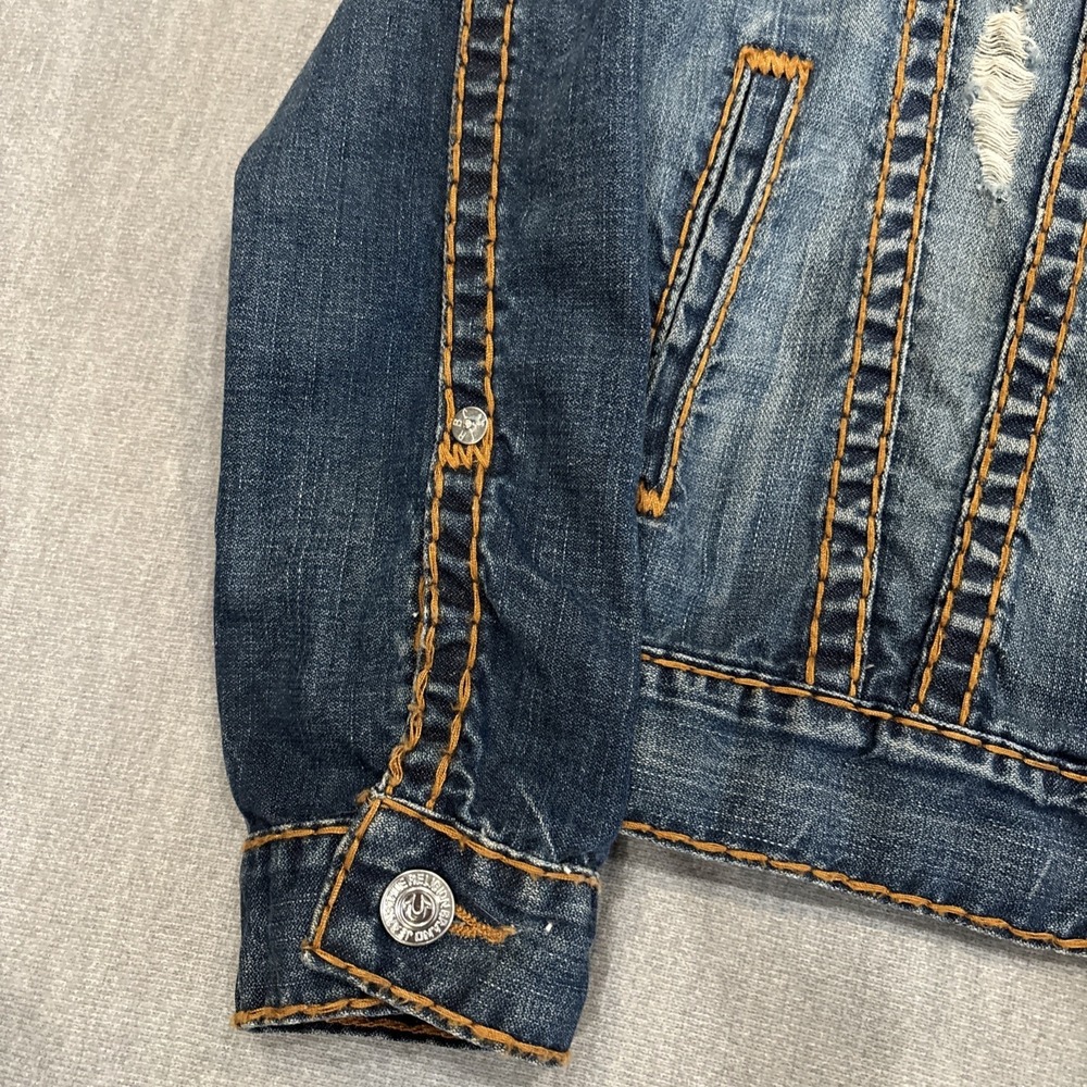 True Religion Blue Denim Trucker Jacket Size M Thick Stitching Res Super T VTG - Picture 5 of 14
